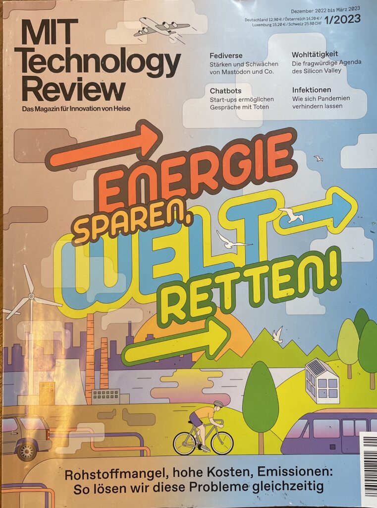 Magazincover der Technology Review mit bunter Schrift zum Thema Energie und wie wir die Welt retten